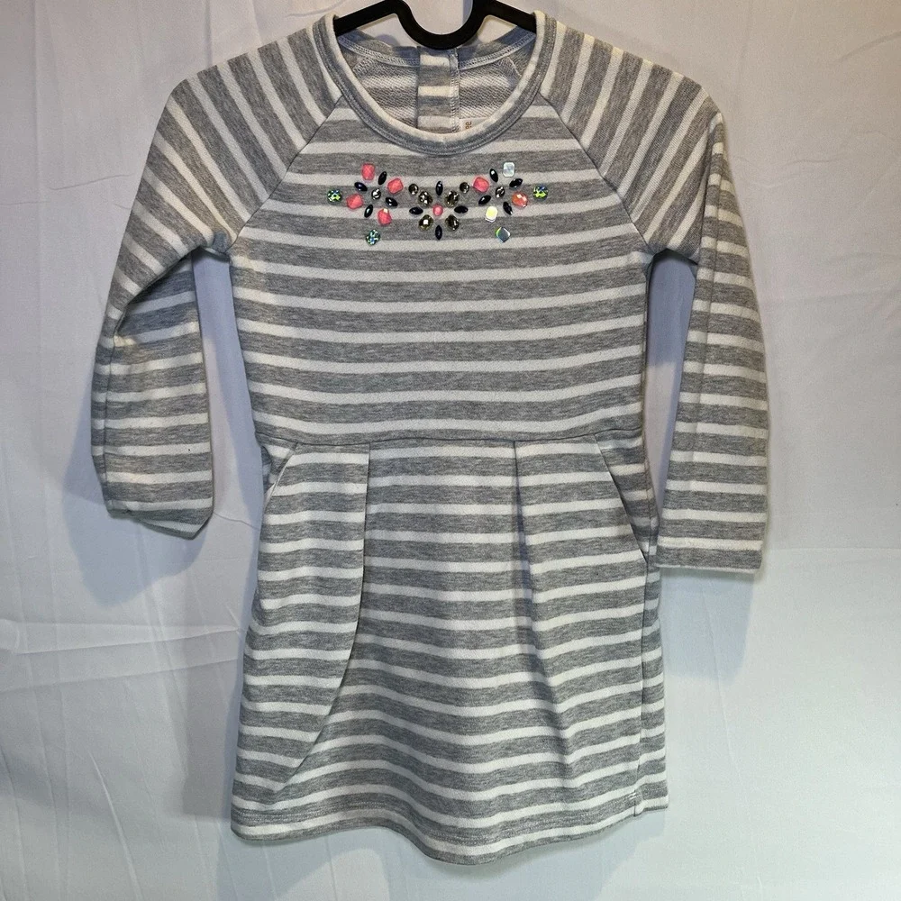 Gymboree Enchanted Winter‎ Gray Striped Jewel Dress 6 Girl Cute Gems